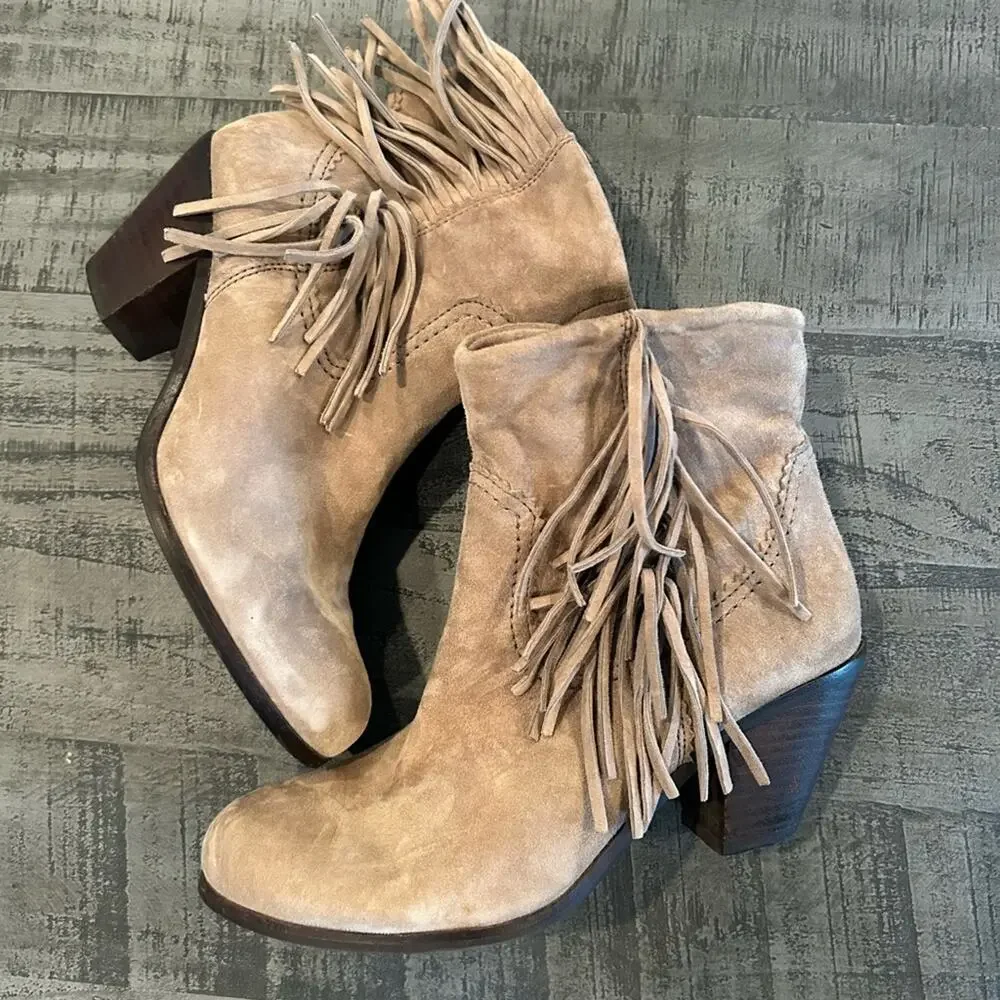 Sam Edelman Louie Tan Fringe Boho Booties Western Suede Booties - 7.5 Taupe Gray - Picture 1 of 8